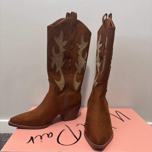 Wild Pair Women's Size 9.5 Brown Suede Cowboy Boots w/ Gold Crystals NIB - Picture 7 of 12